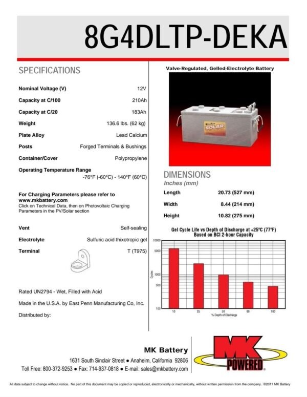 Deka Solar 12V, 210Ah Gel Deep Cycle Battery - Image 2