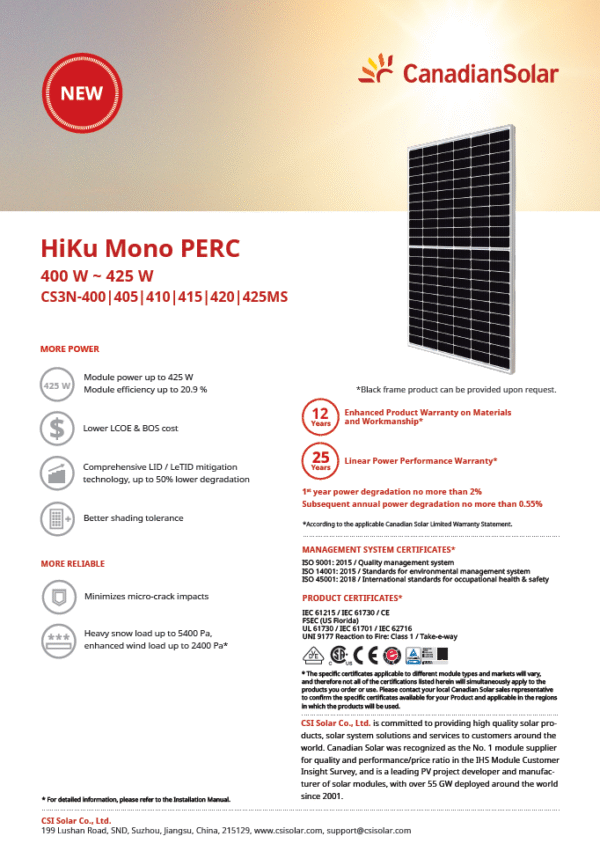 Canadian Solar 410 Watts HiKu Mono PERC Module - Image 2