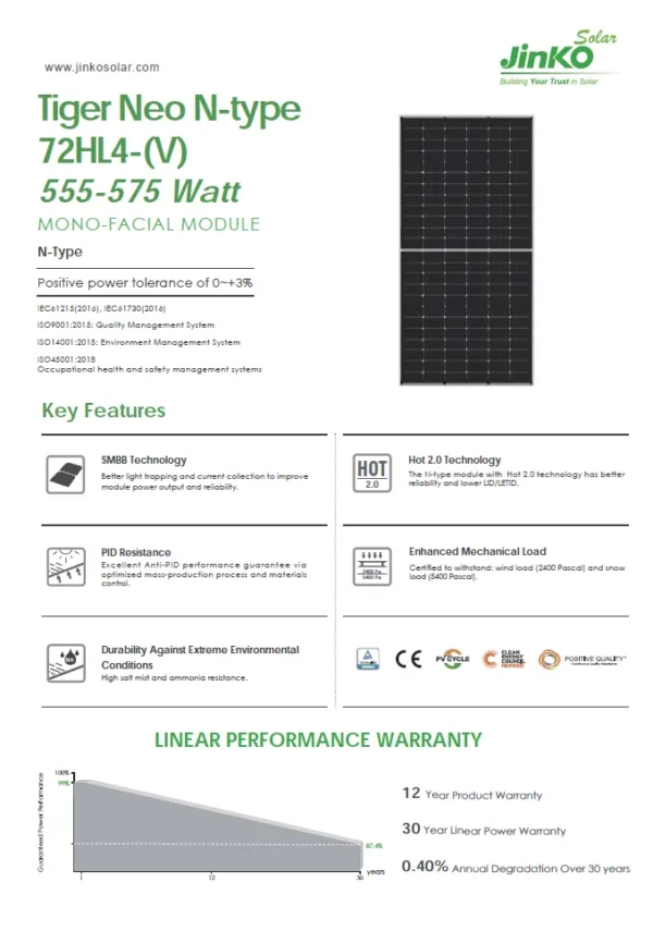 Jinko Solar Tiger Neo N-type 72HL4-(V) 580 Watts Mono-Facial Module - Image 2
